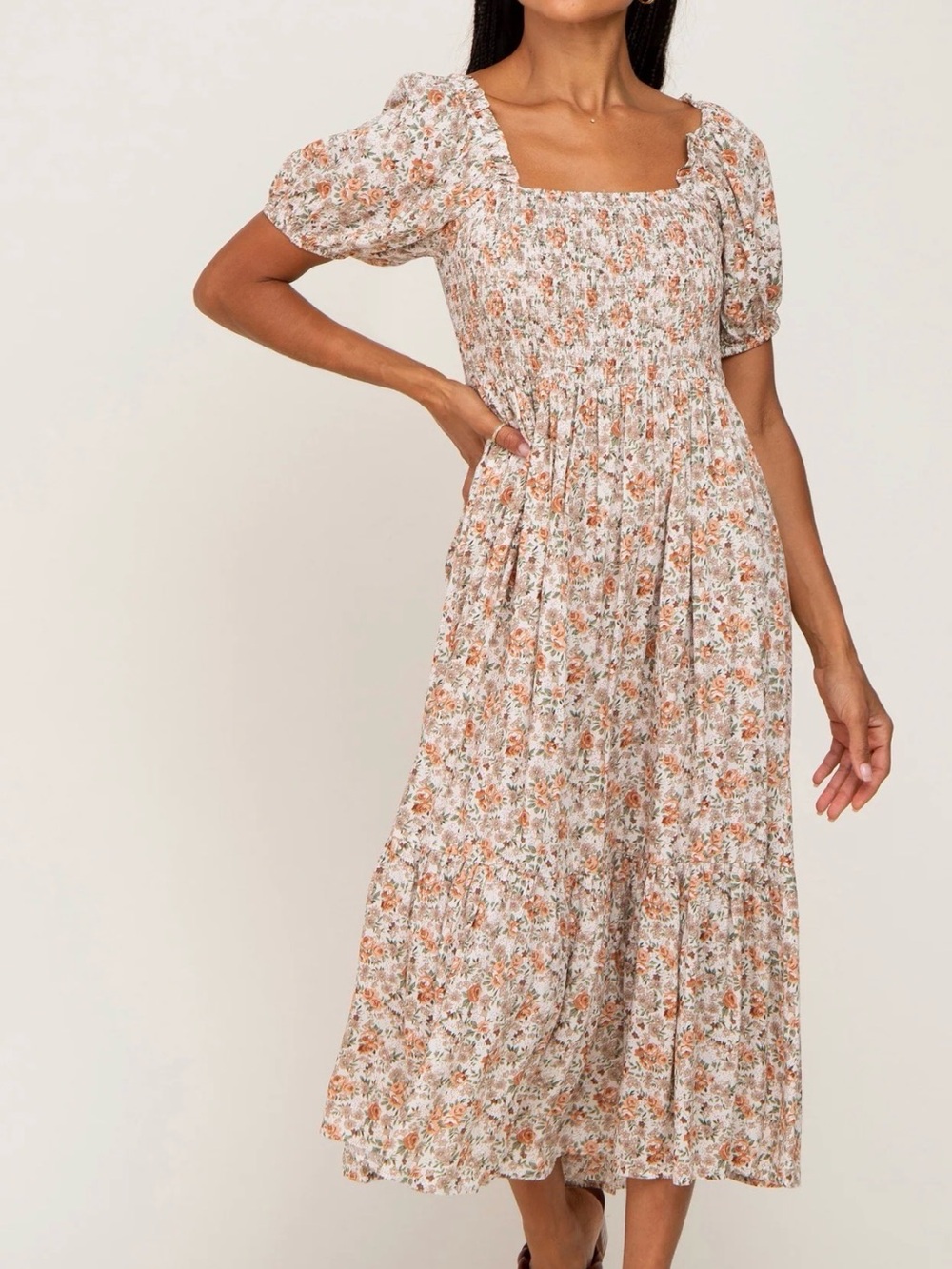 Floral Smocked Midi Dress in Cream with Orange Bloom